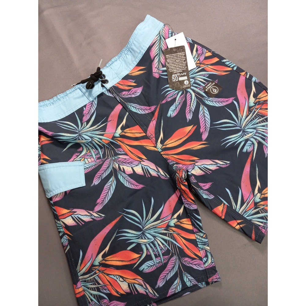 NWT Volcom Boys Board Shorts Tropical Floral Navy Blue Swim Trunks Size L 14